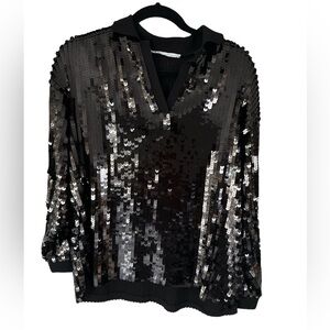 Zara Black Sequined Knit Polo Top